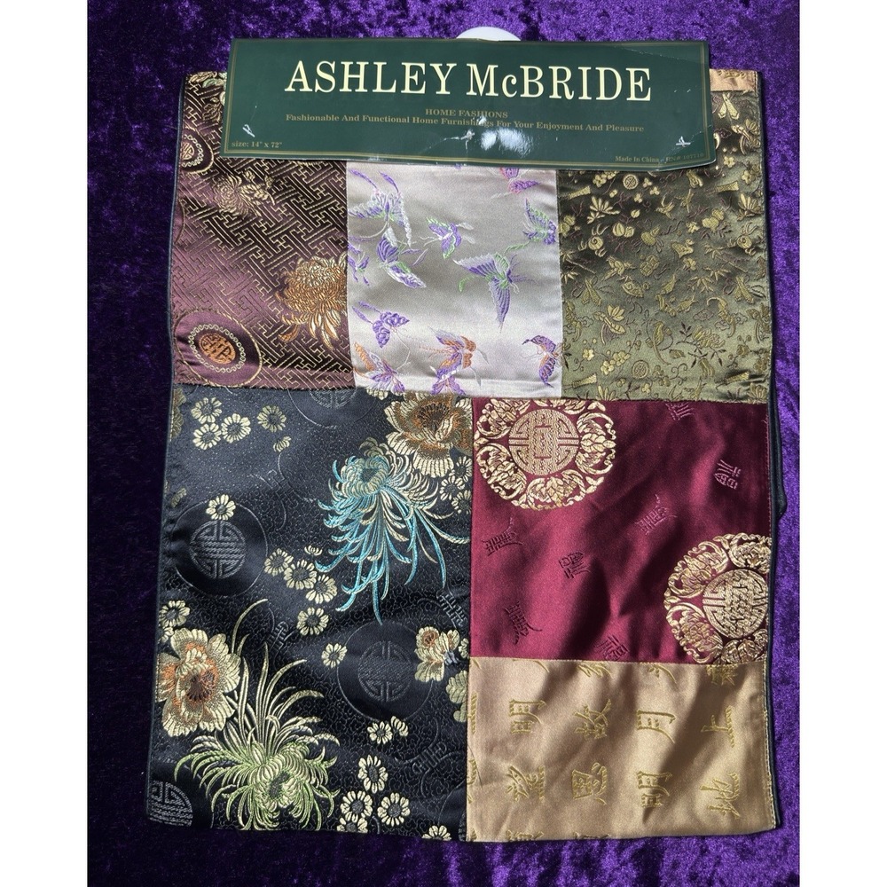 Ashley McBride Asian Patchwork Runner Floral Birds‎ Metallic Multicolor NWT